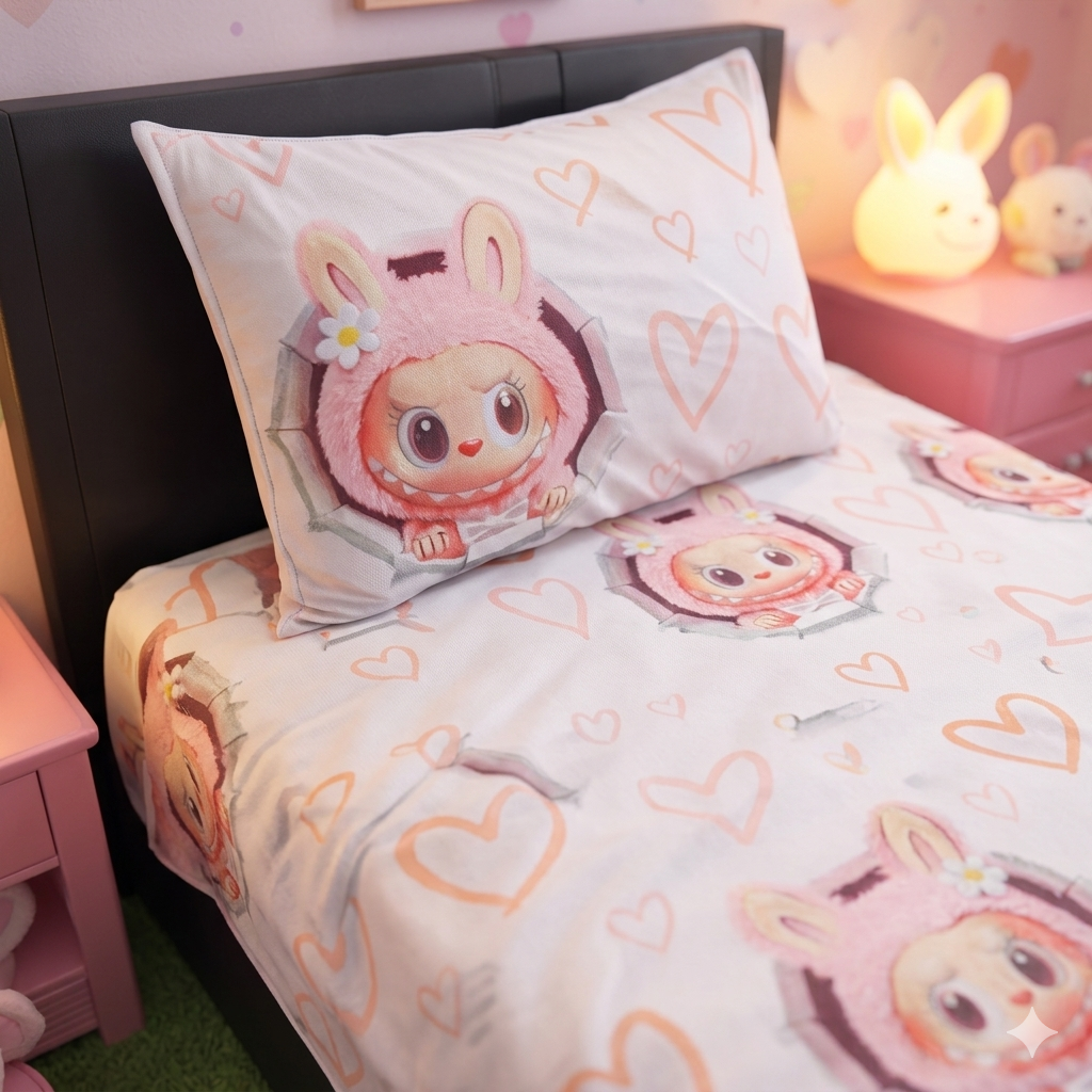 Labubu The Monsters 3D anime single bedsheet wit one pillow cover