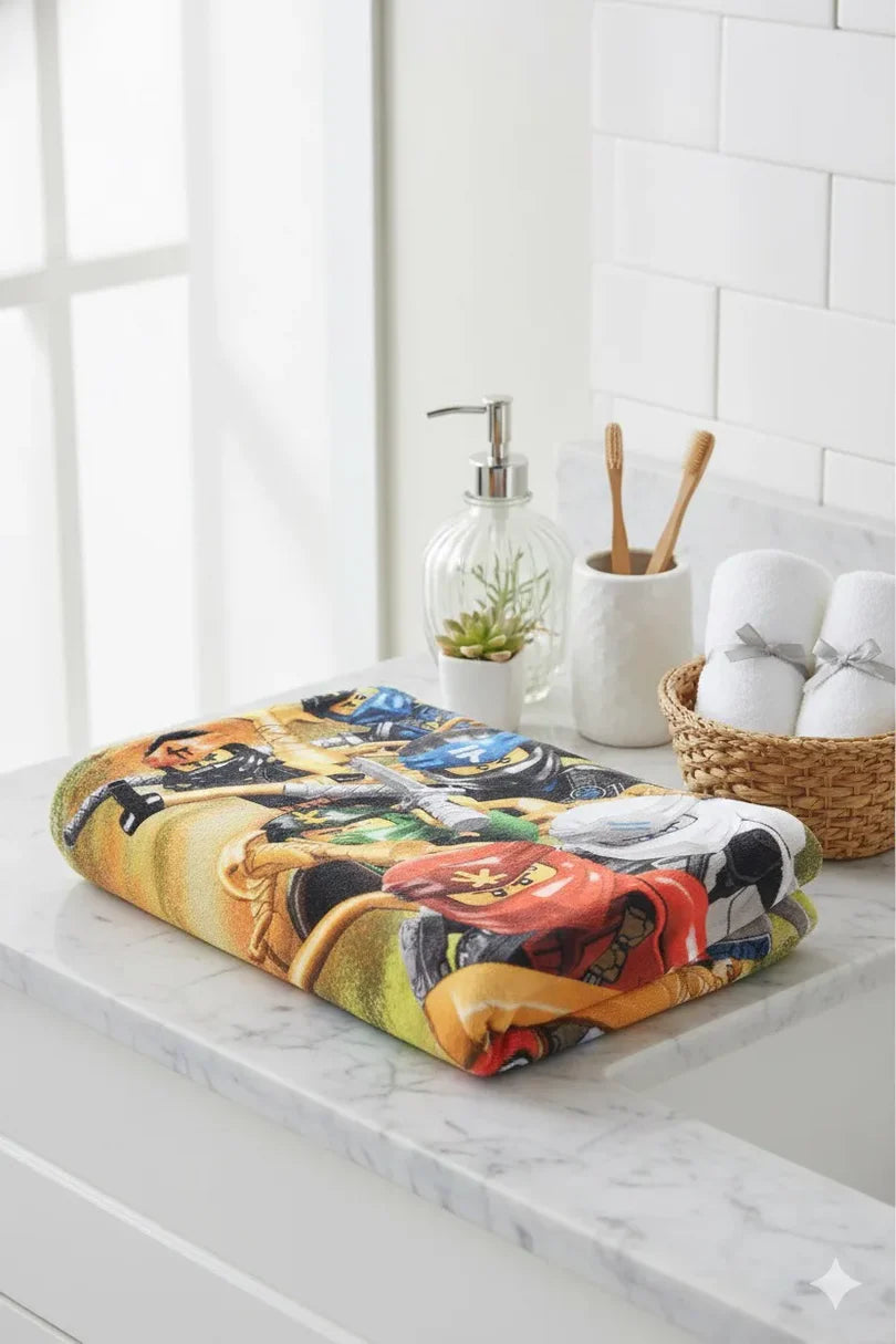 Ninja Cartoon Print Bath Towel – Soft & Comfortable for Kids.