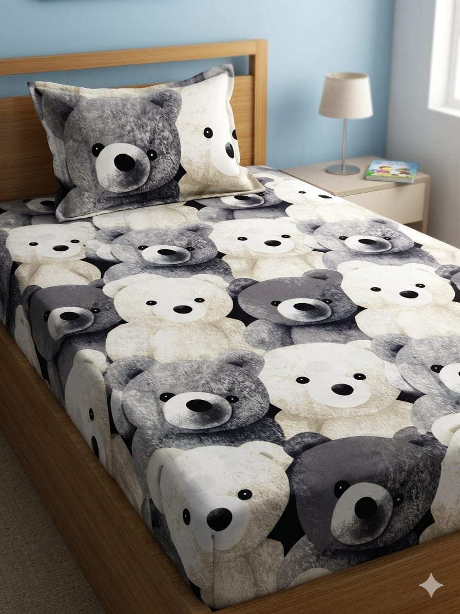 Beautiful Teddy Gray & white printed bedsheet | Single bedsheet with one pillow cover