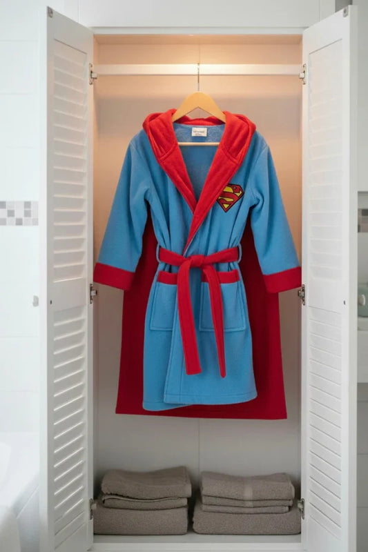 Super Man Hooded Kids Bathrobe – sky blue velvet (Ages 4, 6, & 8)