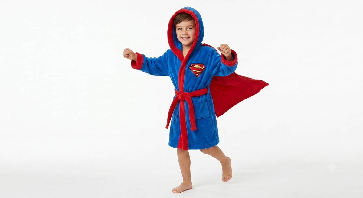 Super Man Hooded Kids Bathrobe – sky blue velvet (Ages 4, 6, & 8)