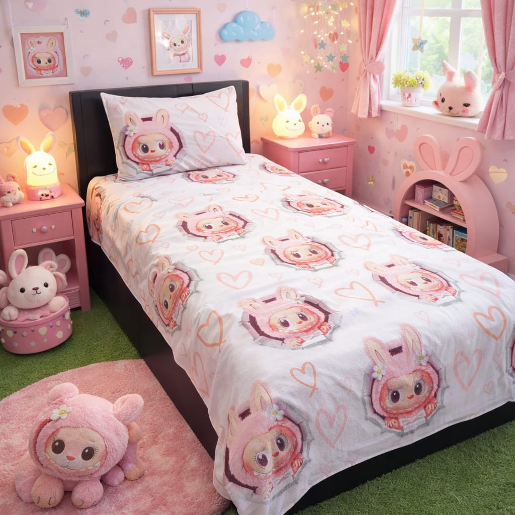 Labubu The Monsters 3D anime single bedsheet wit one pillow cover