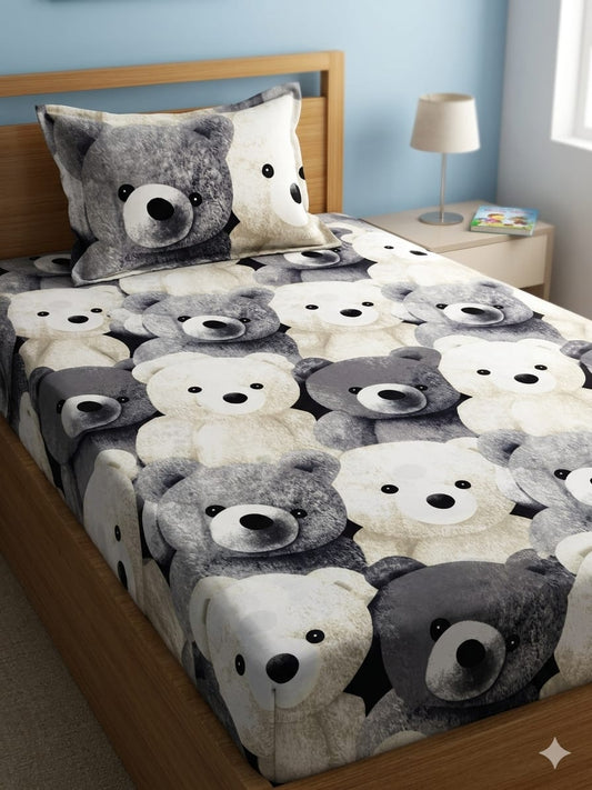 Beautiful Teddy Gray & white printed bedsheet | Single bedsheet with one pillow cover
