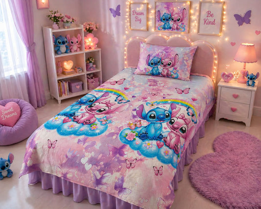 Stich Angle printed  bedsheet for Kids | Cotton Single bedsheet with one pillow